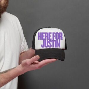 Black and White Trucker Hat with Purple "HERE FOR JUSTIN" Print